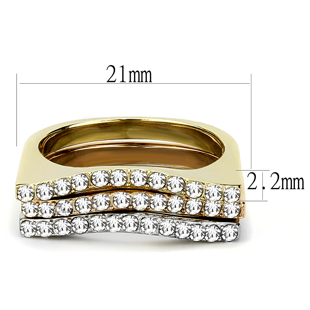 TK3234 - Three Tone IP?IP Gold & IP Rose Gold & High Polished) Stainless Steel Ring with Top Grade Crystal  in Clear