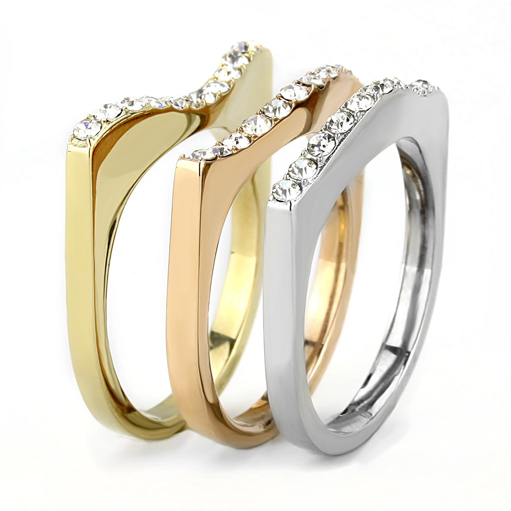 TK3234 - Three Tone IP?IP Gold & IP Rose Gold & High Polished) Stainless Steel Ring with Top Grade Crystal  in Clear