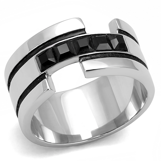 TK3284 - High polished (no plating) Stainless Steel Ring with Top Grade Crystal  in Jet