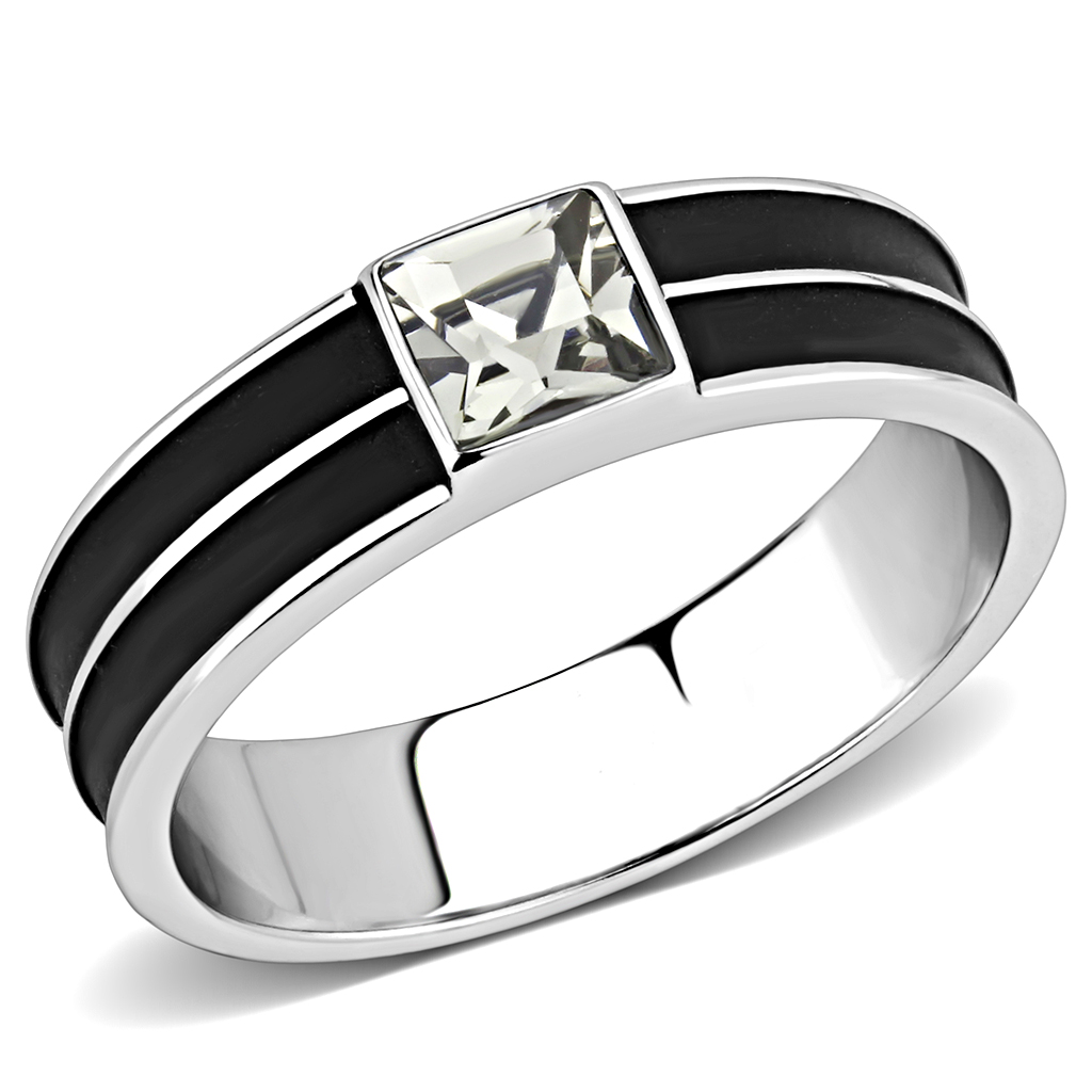 TK3292 - High polished (no plating) Stainless Steel Ring with Top Grade Crystal  in Black Diamond