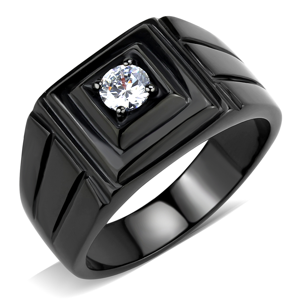 TK3466 - IP Black(Ion Plating) Stainless Steel Ring with AAA Grade CZ  in Clear