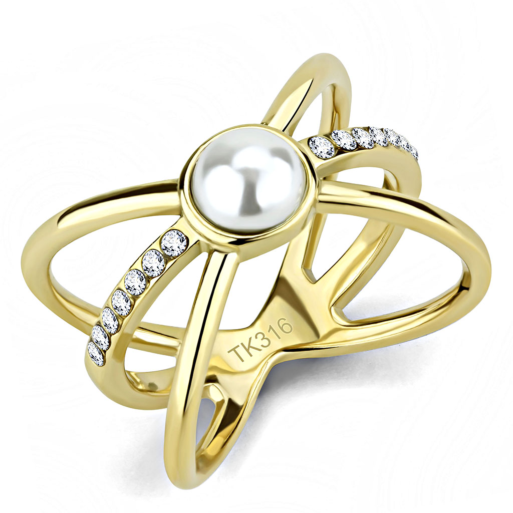 TK3522 - IP Gold(Ion Plating) Stainless Steel Ring with Synthetic Pearl in White