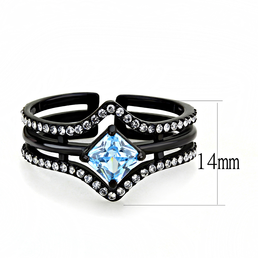 TK3562 - IP Black(Ion Plating) Stainless Steel Ring with AAA Grade CZ  in Sea Blue