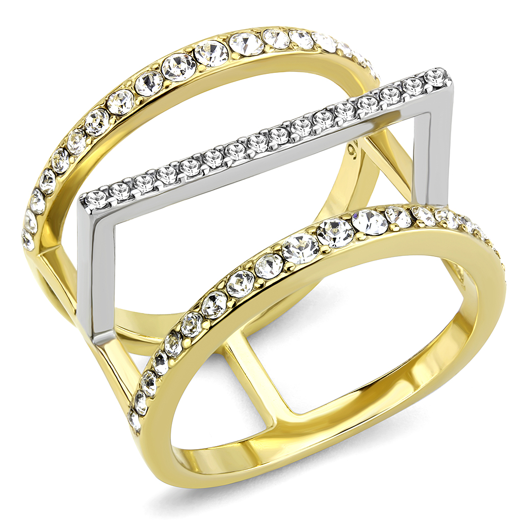 TK3593 - Two-Tone IP Gold (Ion Plating) Stainless Steel Ring with Top Grade Crystal  in Clear