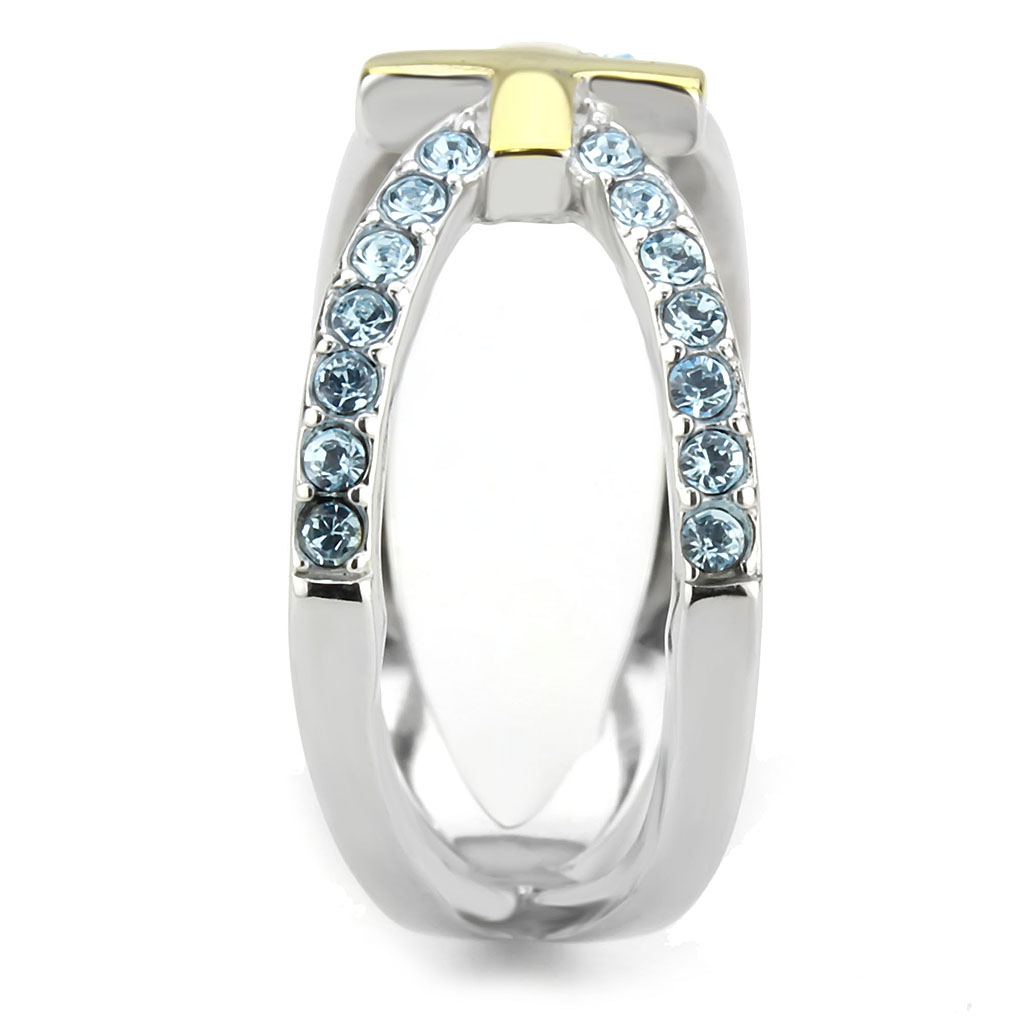 TK3636 - Two-Tone IP Gold (Ion Plating) Stainless Steel Ring with Top Grade Crystal  in Sea Blue