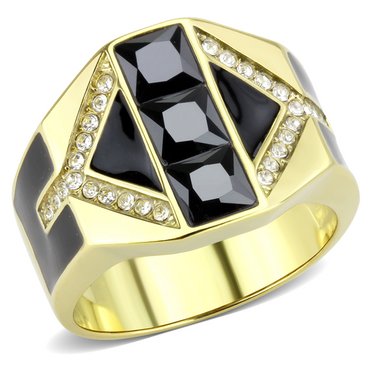 TK3721 - IP Gold(Ion Plating) Stainless Steel Ring with AAA Grade CZ  in Black Diamond