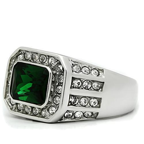 TK495 - High polished (no plating) Stainless Steel Ring with Synthetic Synthetic Glass in Emerald