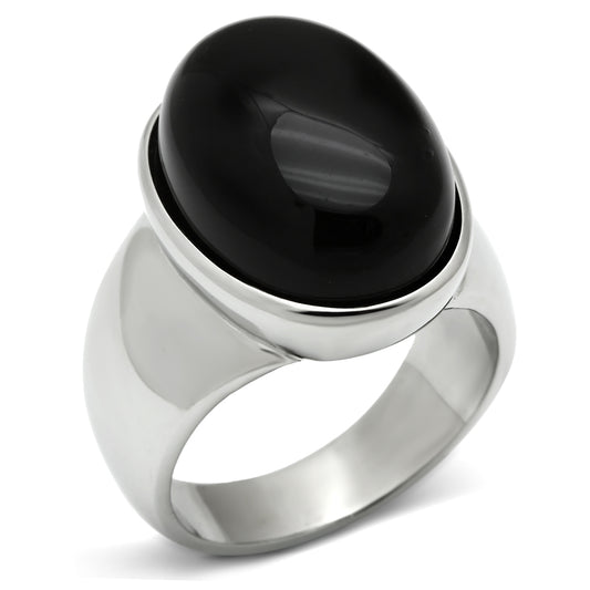 TK501 - High polished (no plating) Stainless Steel Ring with Semi-Precious Onyx in Jet