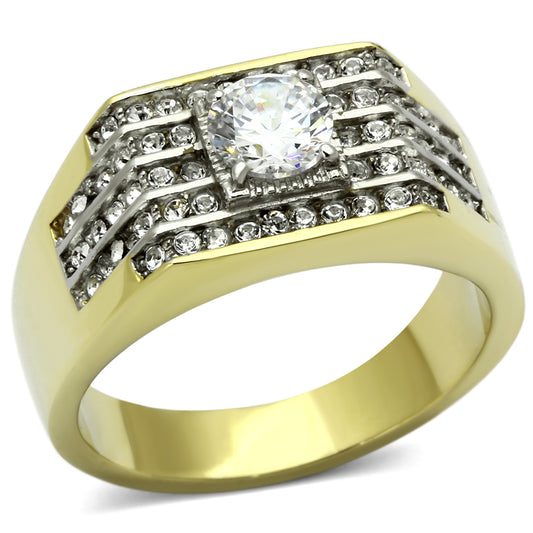 TK737 - Two-Tone IP Gold (Ion Plating) Stainless Steel Ring with AAA Grade CZ  in Clear