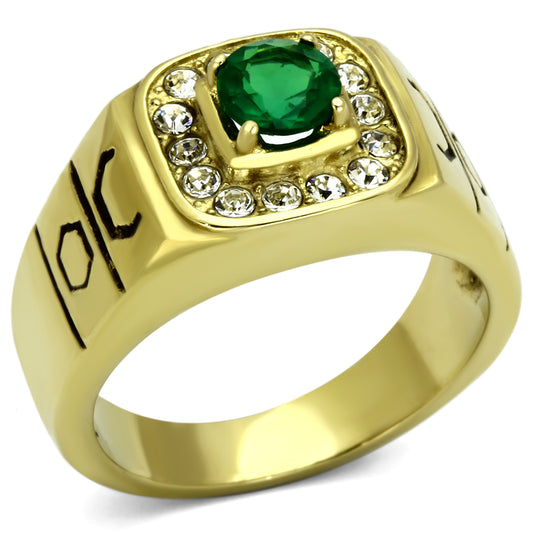 TK764 - IP Gold(Ion Plating) Stainless Steel Ring with Synthetic Synthetic Glass in Emerald