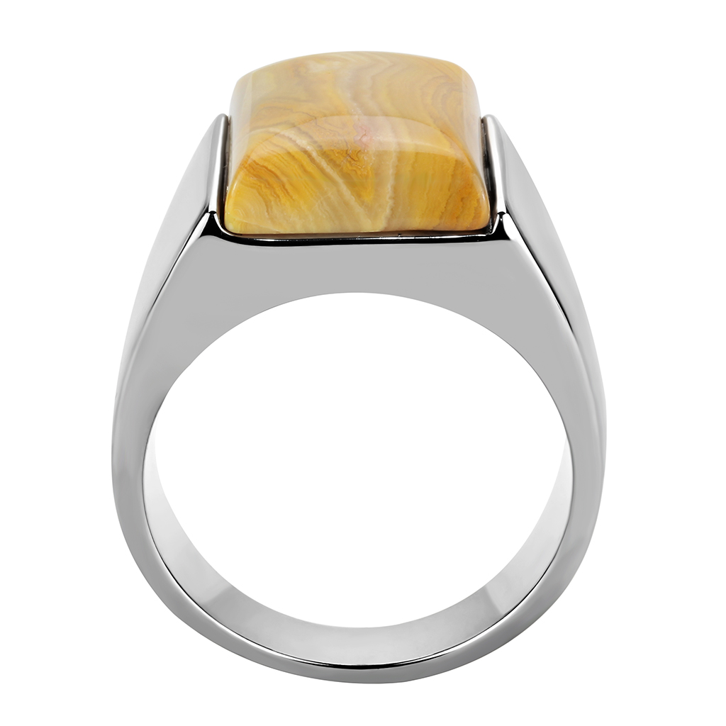 TK947 - High polished (no plating) Stainless Steel Ring with Semi-Precious Agate in Brown