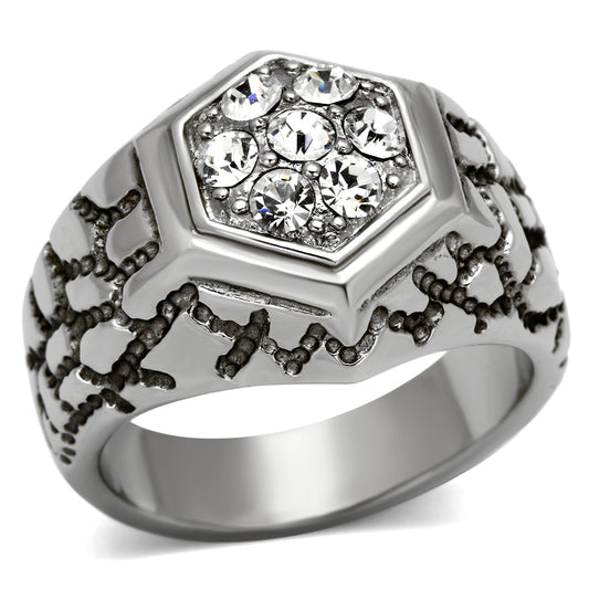 TK960 - High polished (no plating) Stainless Steel Ring with Top Grade Crystal  in Clear