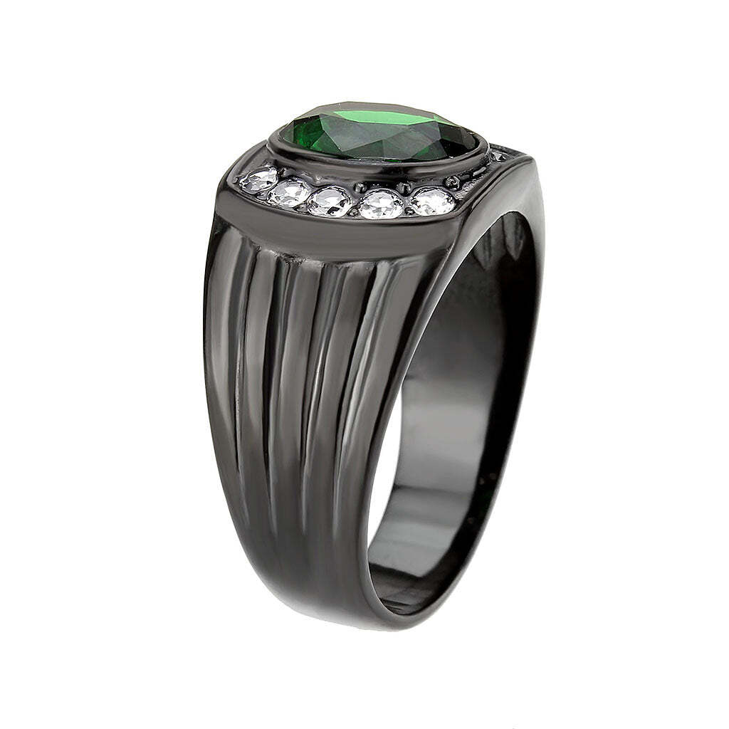 TK3764 - IP Black (Ion Plating) Stainless Steel Ring with Synthetic in Emerald