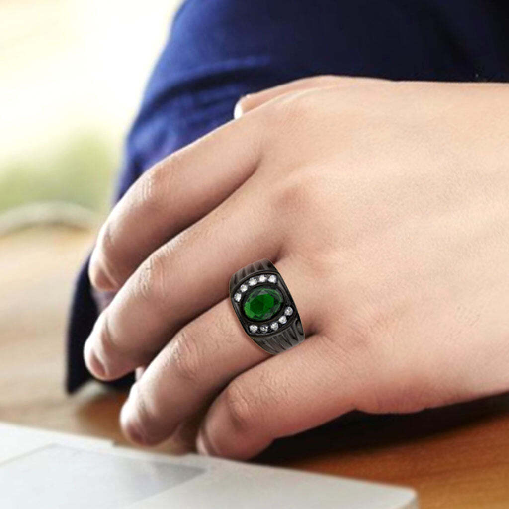 TK3764 - IP Black (Ion Plating) Stainless Steel Ring with Synthetic in Emerald